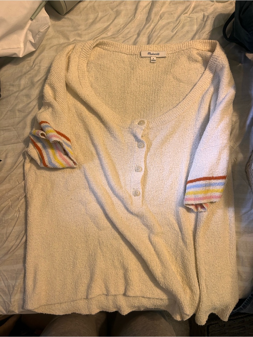 Madewell Cream Short-Sleeve Knit Henley with Rainbow Stripe Cuffs